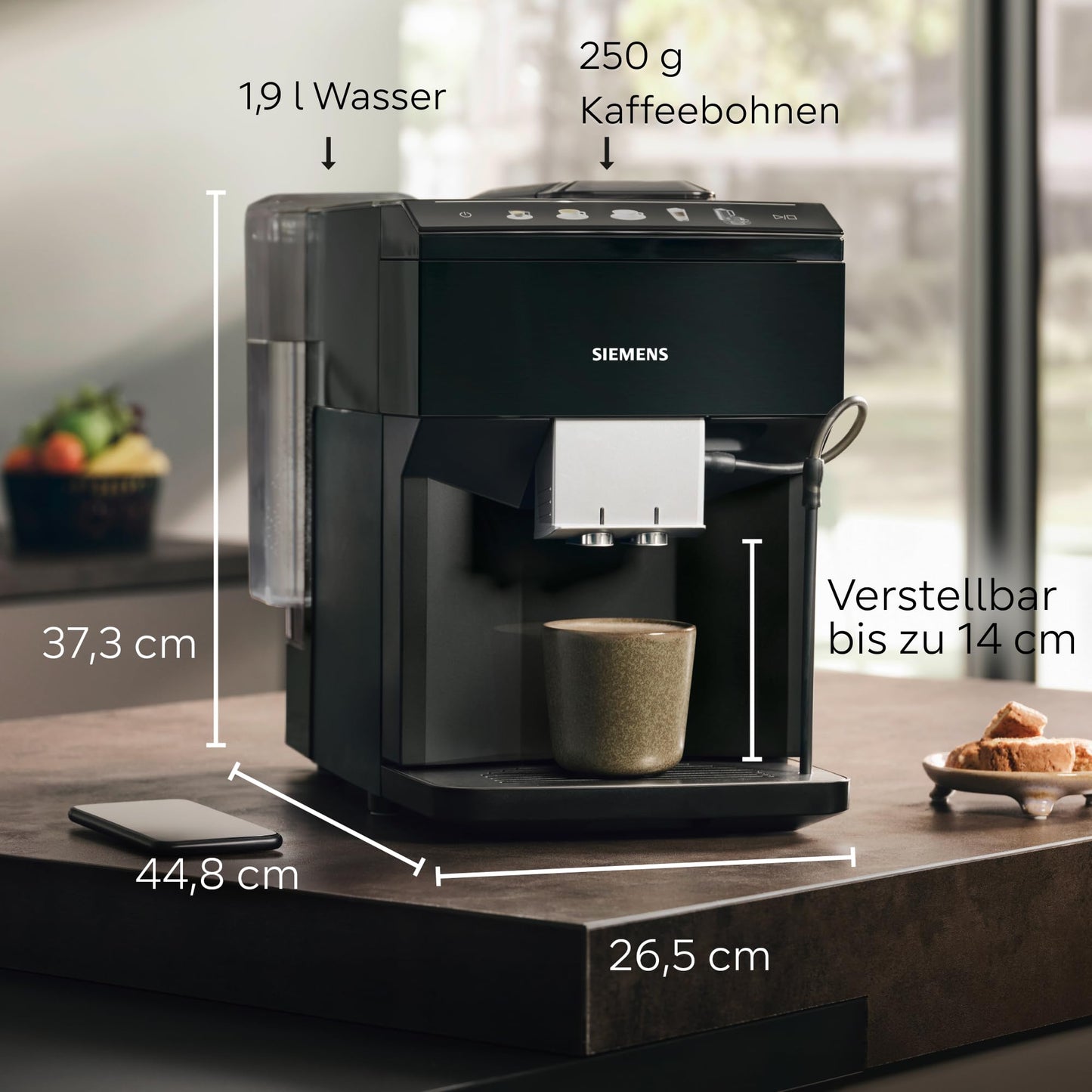 Siemens Kaffeevollautomat EQ500 TP511E19, App-Steuerung, Cold Brew, Vollfarbdisplay, Doppeltassenfunktion, autom. Dampfreinigung, einfache Wartung, schwarz