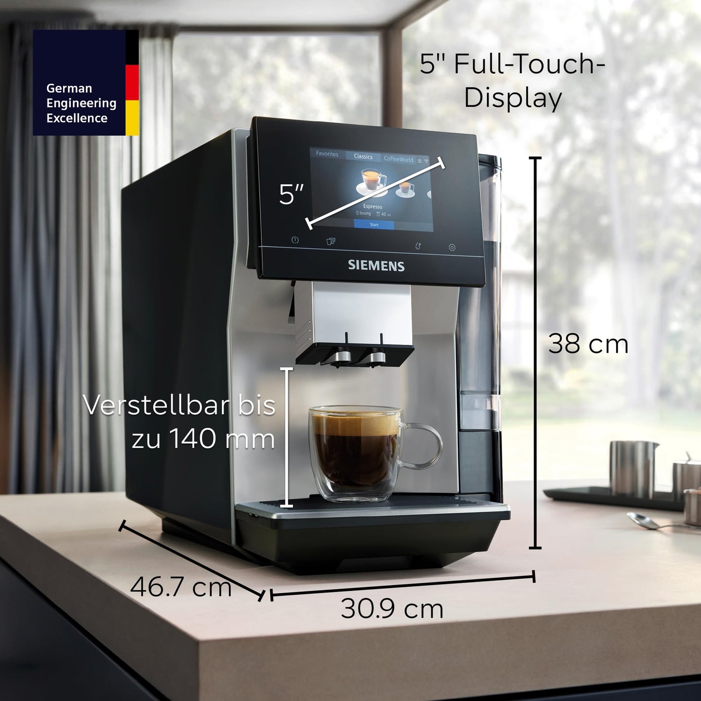 Siemens Kaffeevollautomat EQ700 classic TP715E17, App-Steuerung, Cold Brew, Full-Touch-Display, bis zu 10 individ. Kaffeekreationen als Favoriten, autom. Dampfreinigung, 1500 W, inox silver metallic